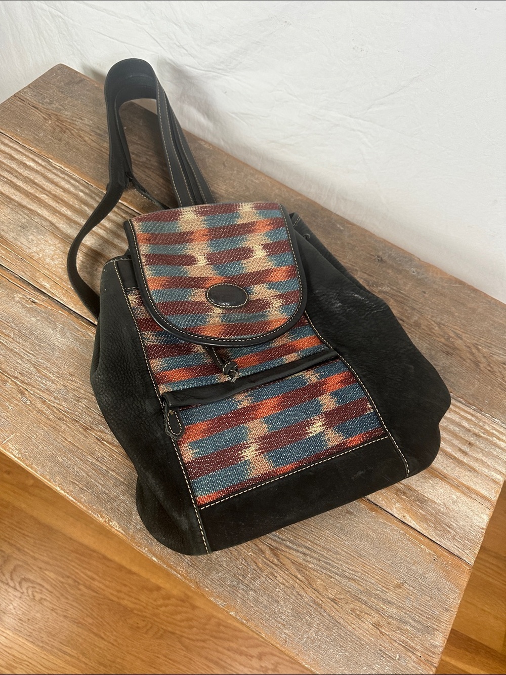 Black Suede Backpack with Multicolor Woven Accent